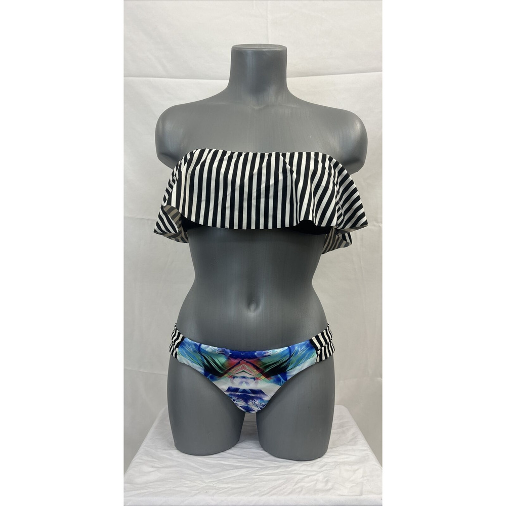 Hurley Women's Swimsuit Two Piece Bikini Black & White Bandeau Top & Bottoms Med